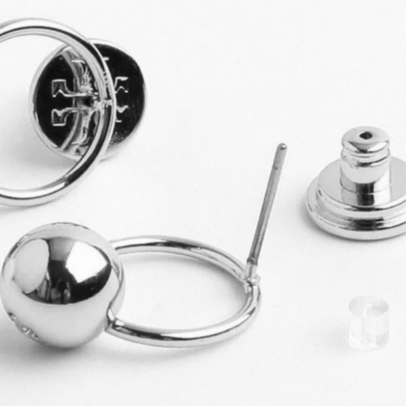 TORY BURCH • Silver Logo Bead Earrings - Picture 3 of 8